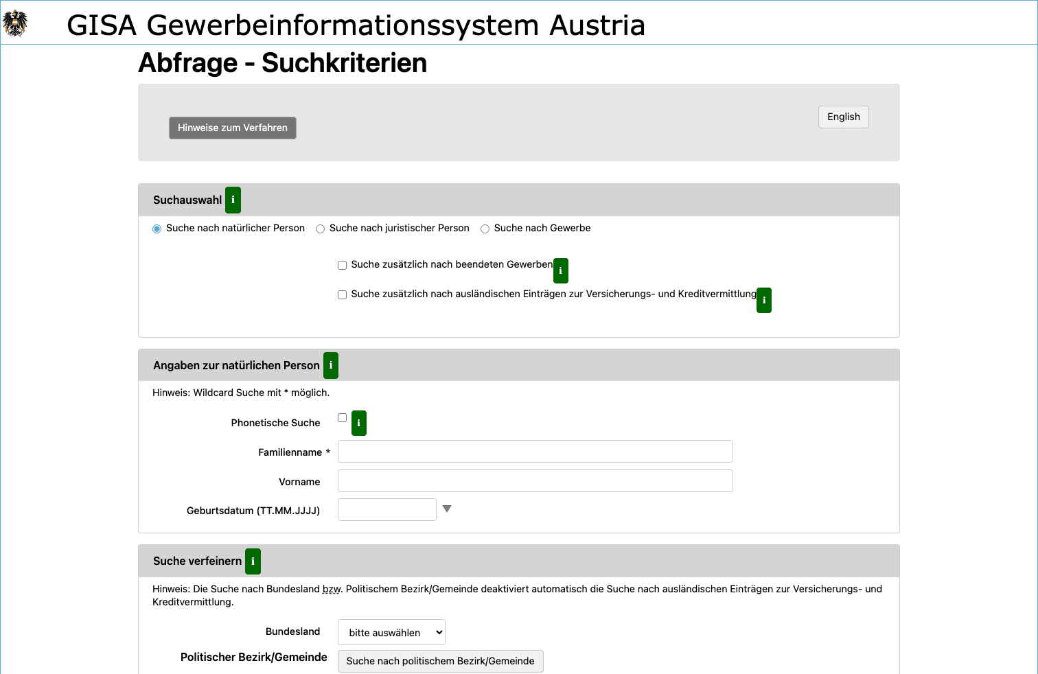 Screenshot des GISA-Gewerbeinformationssystems Austria mit der Suchmaske