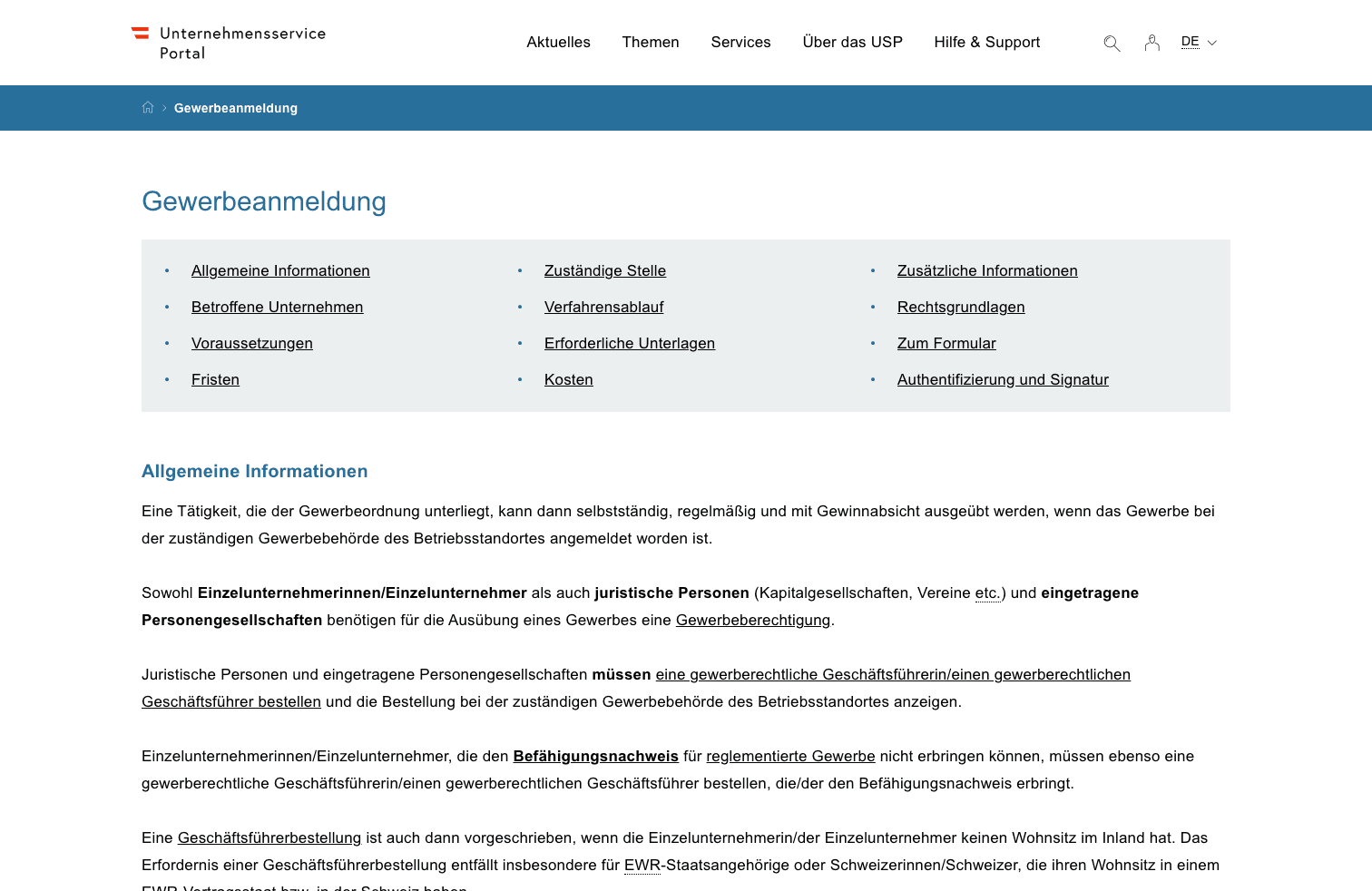 Screenshot des österreichischen Unternehmensserviceportals mit der Seite zur Gewerbeanmeldung