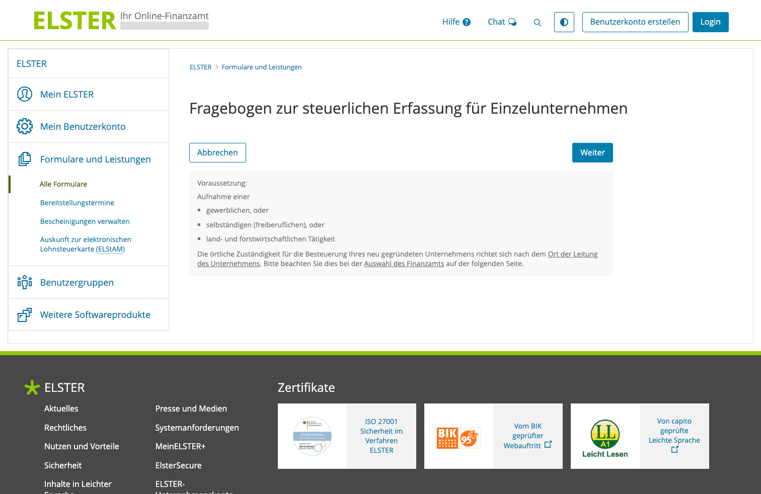 Screenshot des ELSTER-Formulars Fragebogen zur steuerlichen Erfassung für Einzelunternehmen