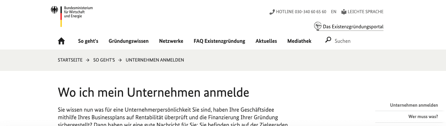 Screenshot des Existenzgründungsportals mit der Seite zur Unternehmensanmeldung in Deutschland